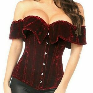 NWT M 25"-28" Top Drawer Burgundy Red Velvet Off The Shoulder Steel Boned Corset
